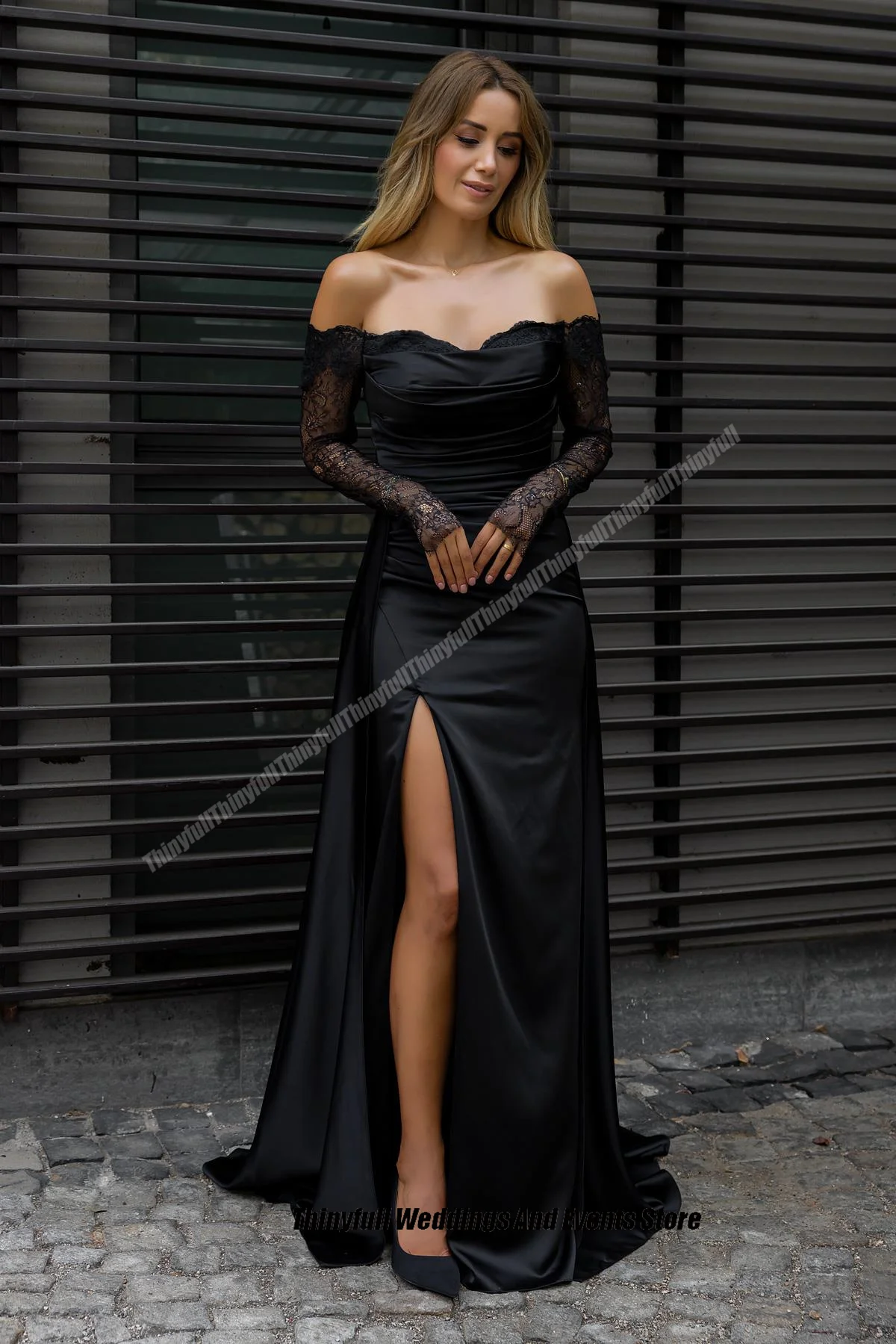 Thinyfull Mermaid Satin/Lace Prom Dresses Long Sleeves Off Shoulder Evening Dress Split Long Formal Occasion Gown Robe De Soirée