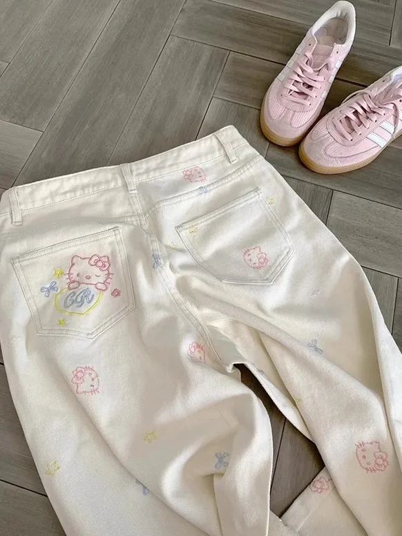 Vaqueros de pierna ancha con bordado de gato estilo retro americano, plones rectos ajustados de cintura alta, estilo casu...