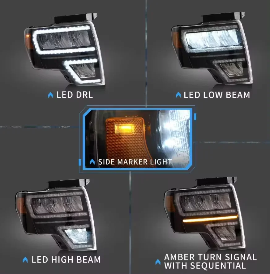 المصابيح الأمامية لفورد رابتور F150 F-150 2008-2014 مجموعة المصابيح الأمامية LED DRL تدفق بدوره أضواء الإشارة اكسسوارات السيارات