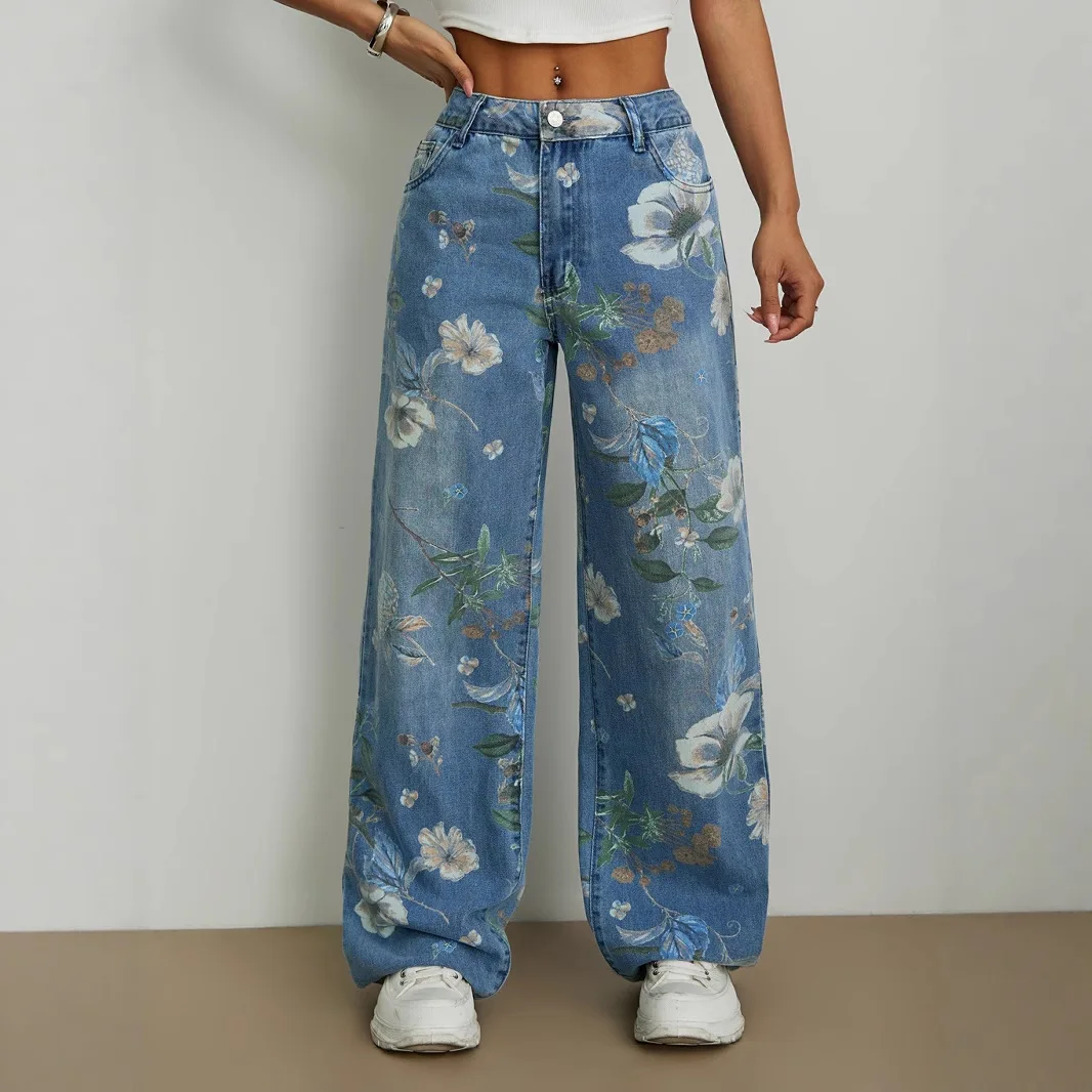 

2025 Street Loose Straight Wide-leg Pants Printed Denim Trousers Europe and America