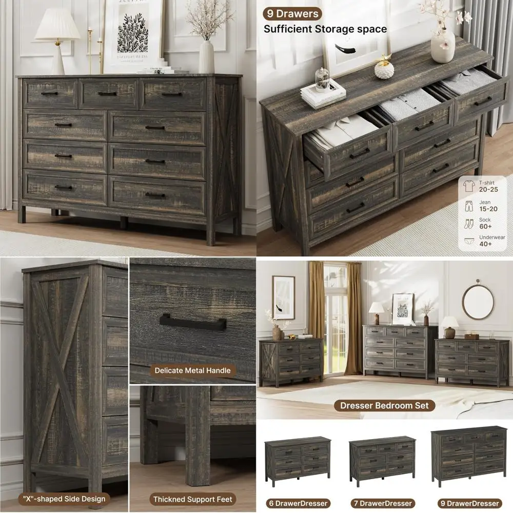 Rustikale 55" breite Holzkommode mit 9 Schubladen, X-Markierung und Stangengriffen für die Aufbewahrung im Schlafzimmer