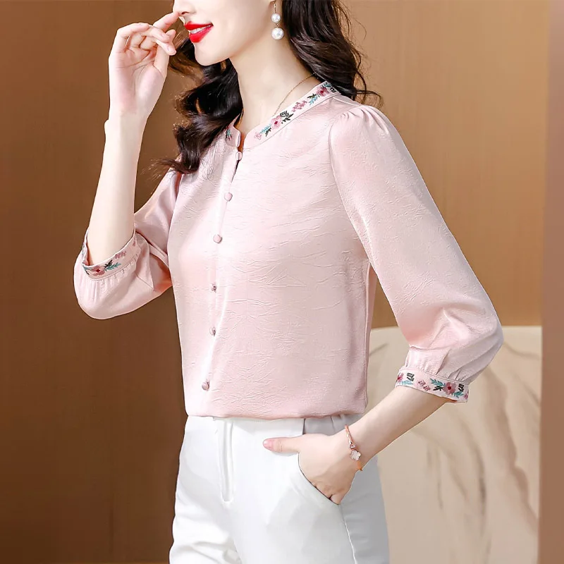 Summer Fashion Chinese Style Solid Half Sleeve Shirt Women Vintage Elegant Half High Collar Blouse Office Lady Embroidery Tops