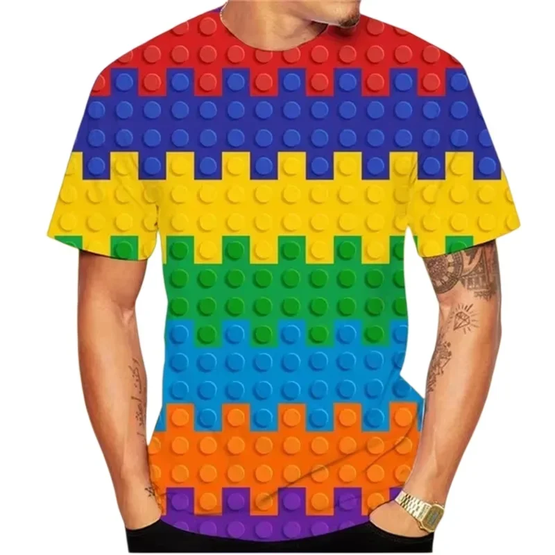 Funny Men's 3D Building Blocks Print Short Sleeve T-Shirt Colorful Brick Pattern Crew Neck Casual Tee Summer Fashion Tops