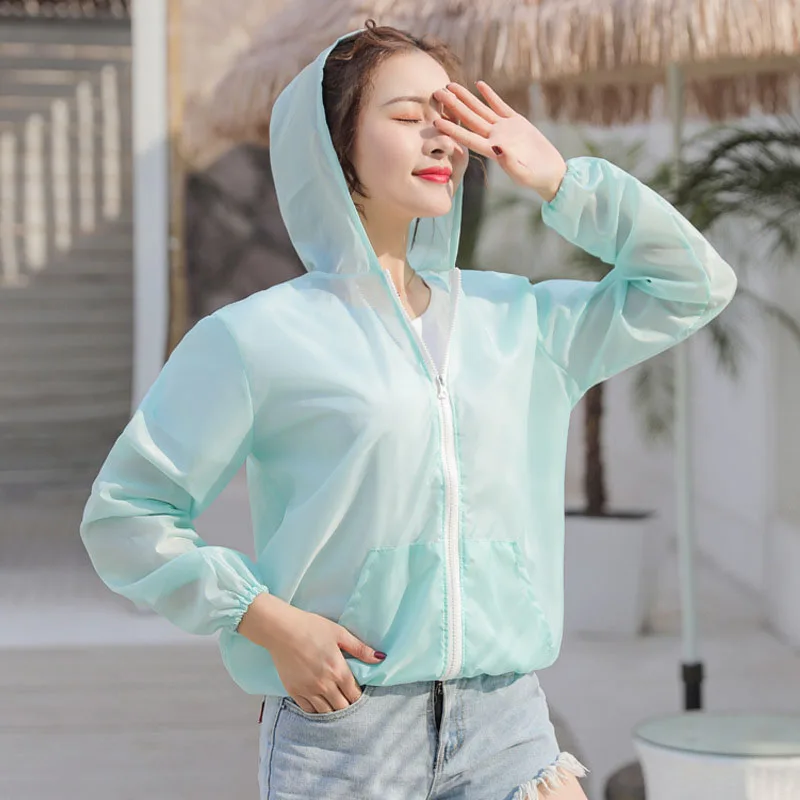 Solid Color Summer Sunscreen Jacket Women Outdoor Beach Ice Silk Sun Protection Quick Dry Coat Hooded UV Protection Clothing