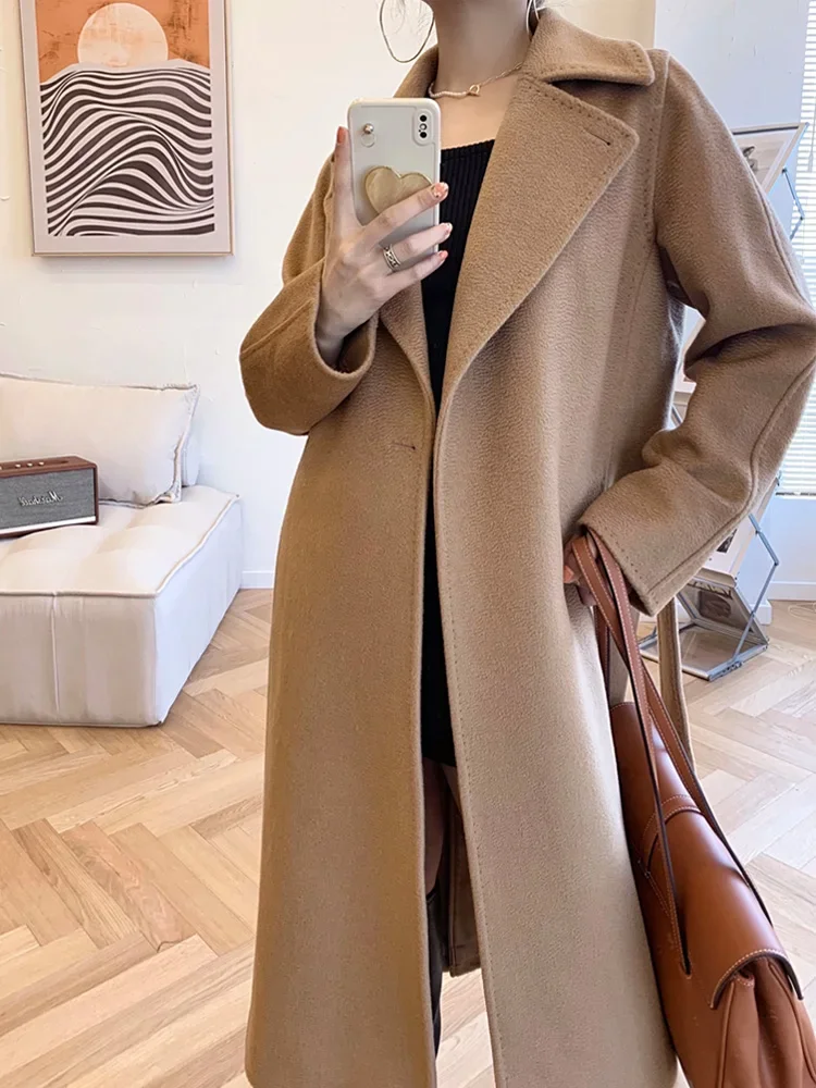 

Classic Camel Manuela Water Ripple Medium Long Coat Women's Woolen Coat