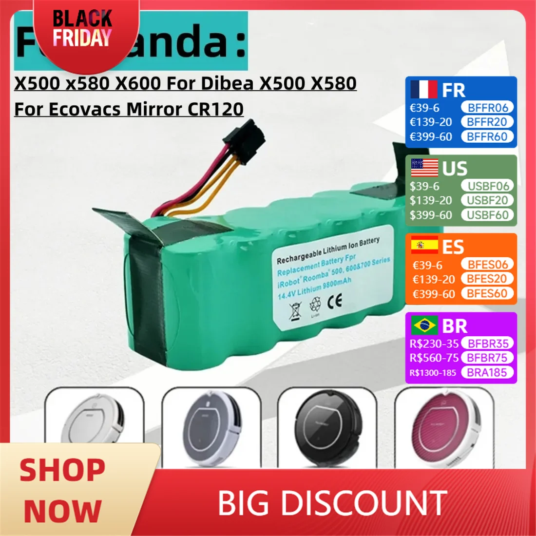 

Vacuum Cleaner Batteries, 14.4V, 9800mAh Batteries, Panda x500, Dibea x500, x580, x900, Haier T322, T321, T320 CR120 CR121 CR540