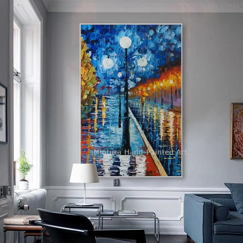 Mintura,Artwork Handpainted Modern Landscape Quiet Night Street Thick Oil Painting On Canvas,Wall Art,Picture Bedroom Home Decor