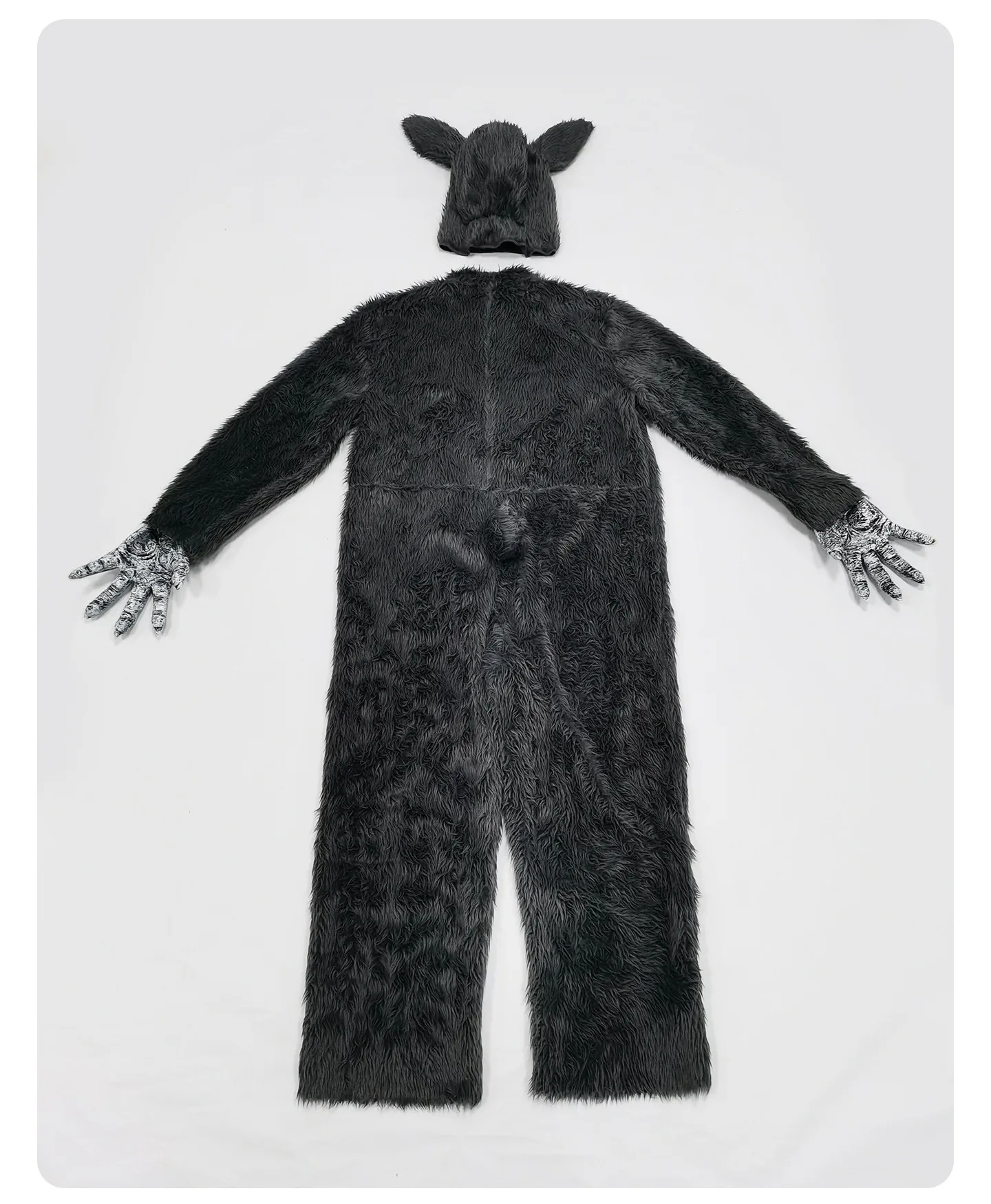 Flauschiger Herren-Wolf-Jumpsuit mit Kapuze und Wolfsohren, Weißer Bauch-Design, Erwachsenen-Halloween-Tier-Cosplay-Outfit – Detail 9