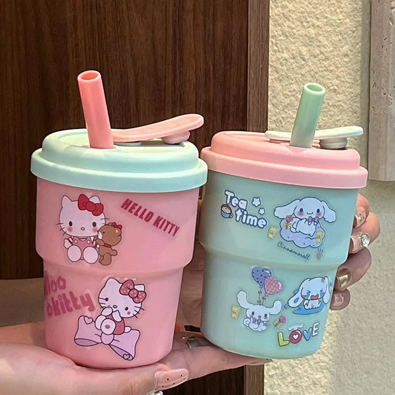 Cute Three-dimensional Sticker Sanrio Kitty Water Cup New Cinnamoroll Straw Cup Portable Coffee Milk Cup Good Gift