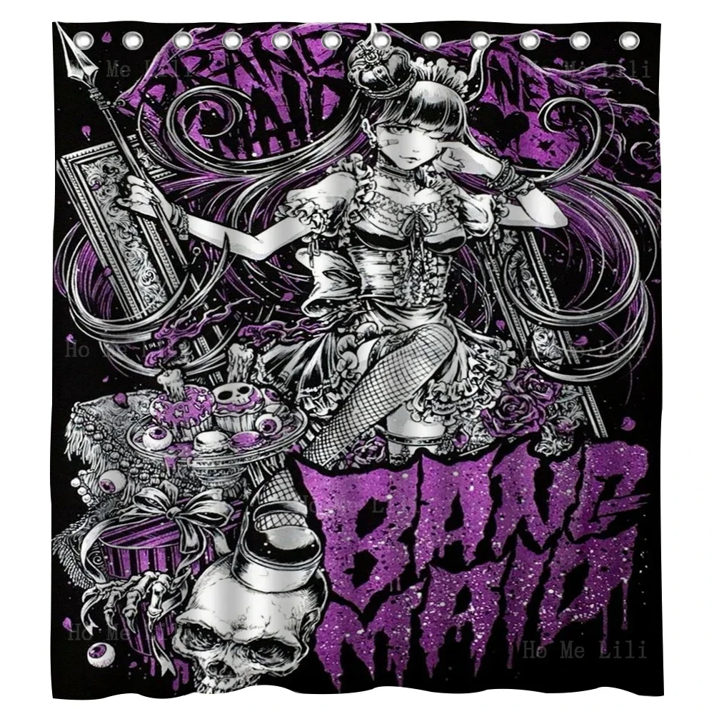 Cartoon Skull Rock Band Maid Black Cat Skeleton Axe Horror Music Group Conducting From The Grave Shower Curtain