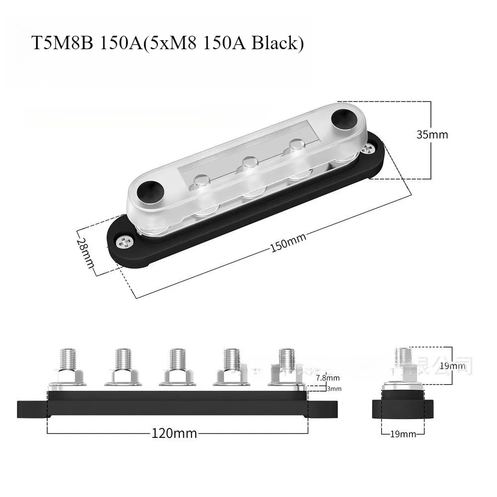 

T5M8 Power Distribution Block with Cover 5x5/16" 5xM8 Studs Terminal Block Positive Negative for Auto
