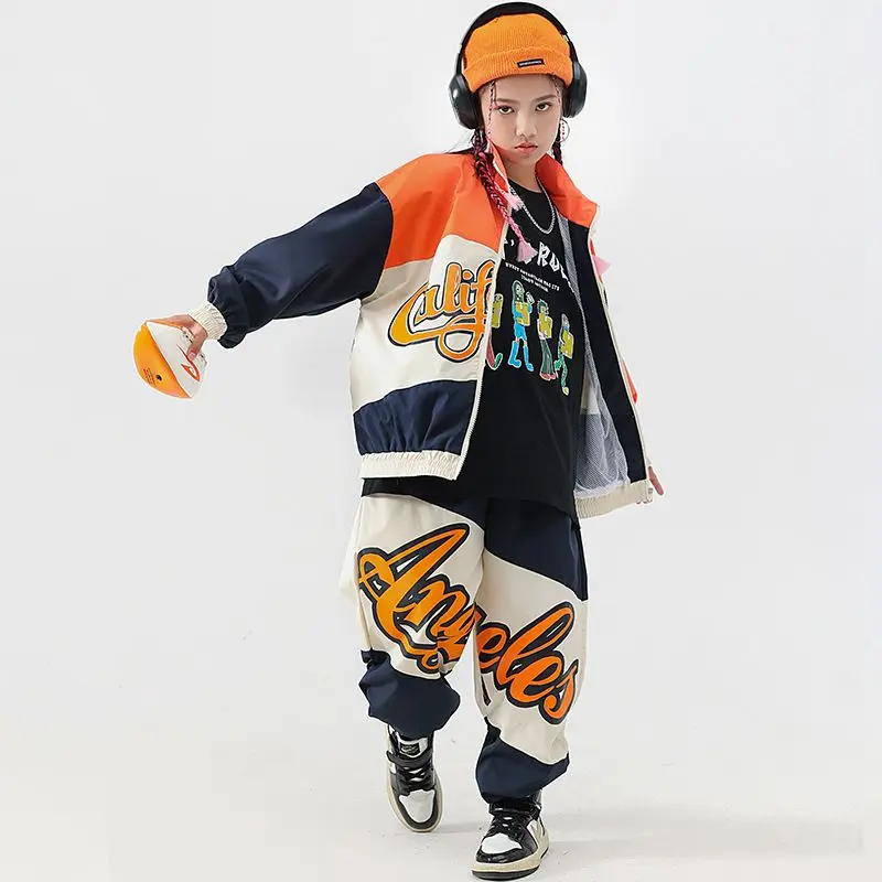 Boys Hip Hop Baseball Jacket Street Dance Loose Pants Girls Contrast Coat Joggers Kids Jazz Sport Clothes Sets Child Streetwear