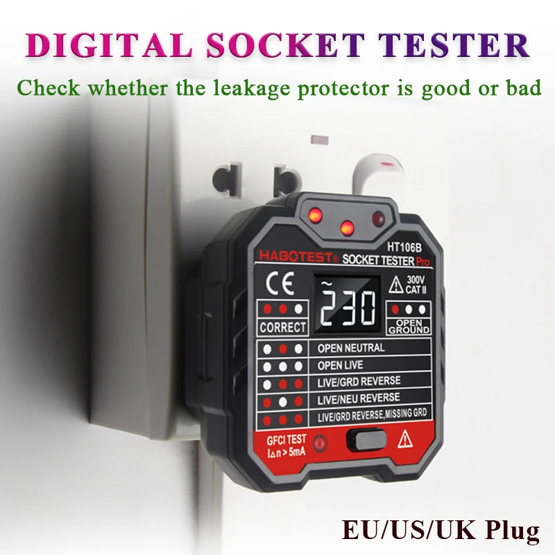 Digital Outlet Socket Detector US/UK/EU Plug Socket Testers Voltage Test Ground Zero Line Phase Check RCD NCV Test