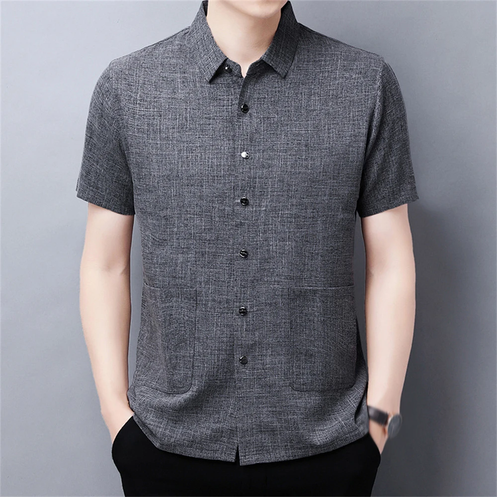 Men's Thin Summer Cotton Linen Short-sleeved Shirt Male Single Breasted Fashion Pockets Breathable Loose Casual Cardigan Tops