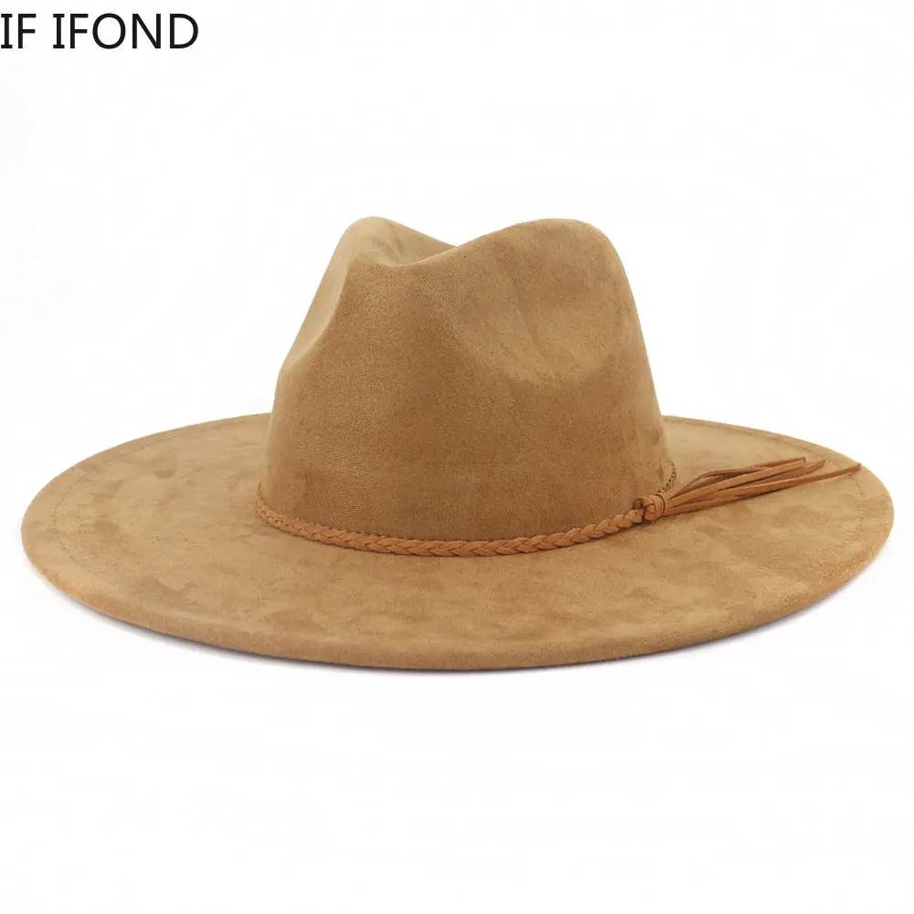 

Classical Suede 9.5CM Wide Brim Fedora Hat For Women Men Church Jazz Hats Wedding Decorate Formal Dress Cap