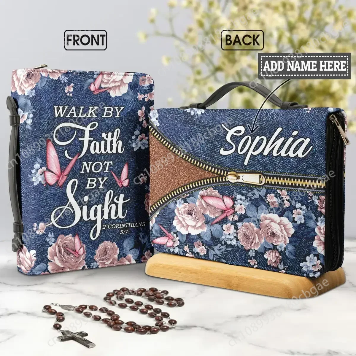 

Walk By Faith Not By Sight Butterflies Design Bible Cover Case Women's Leather Handbags Christianity Church Bible Storage Bags