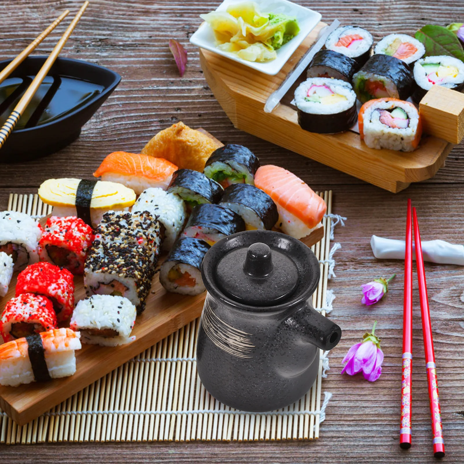 

Horizontal Soy Sauce Bottle Oil Pot Ceramic Balsamic Vinegar Dispenser Container Condiment Black
