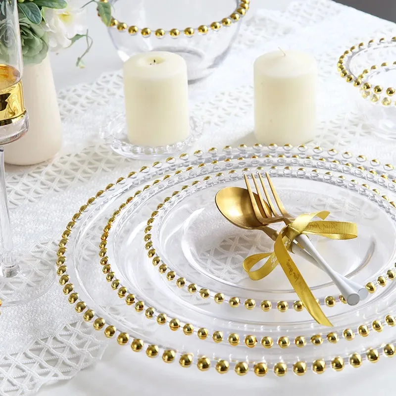 European Style Gold Bead Glass Plates Dinner Dish Salad Fruit Bowl Dessert Wedding Family Dinner Plate Decorative Tableware Set