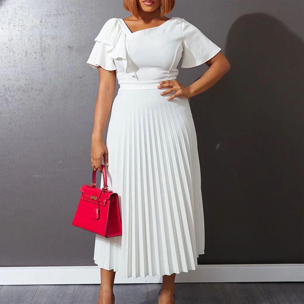

Elegant Party Dresses Pleated for Women Skew Collar Ruffles Sleeve High Waisted Ankel Length Luxury Female Birthday Wedding Robe