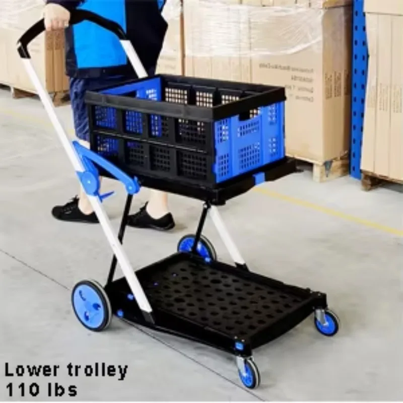 Functional New Double Decker Foldable Cart Grocery Trolley Folding Shopping Cart Two Tier Collapsible Cart with One Crate