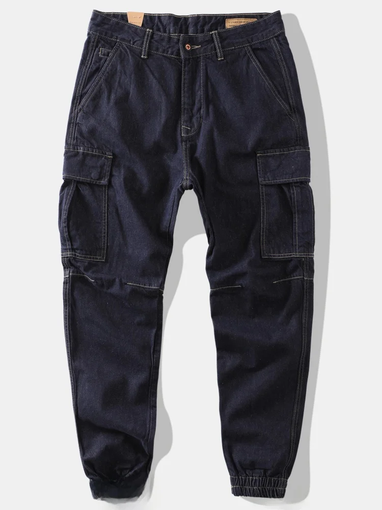 

Autumn Winter Heavyweight American Retro Cuffed Loose Straight Leg Jeans Casual Men's Workwear Pants Multiple kets Waed