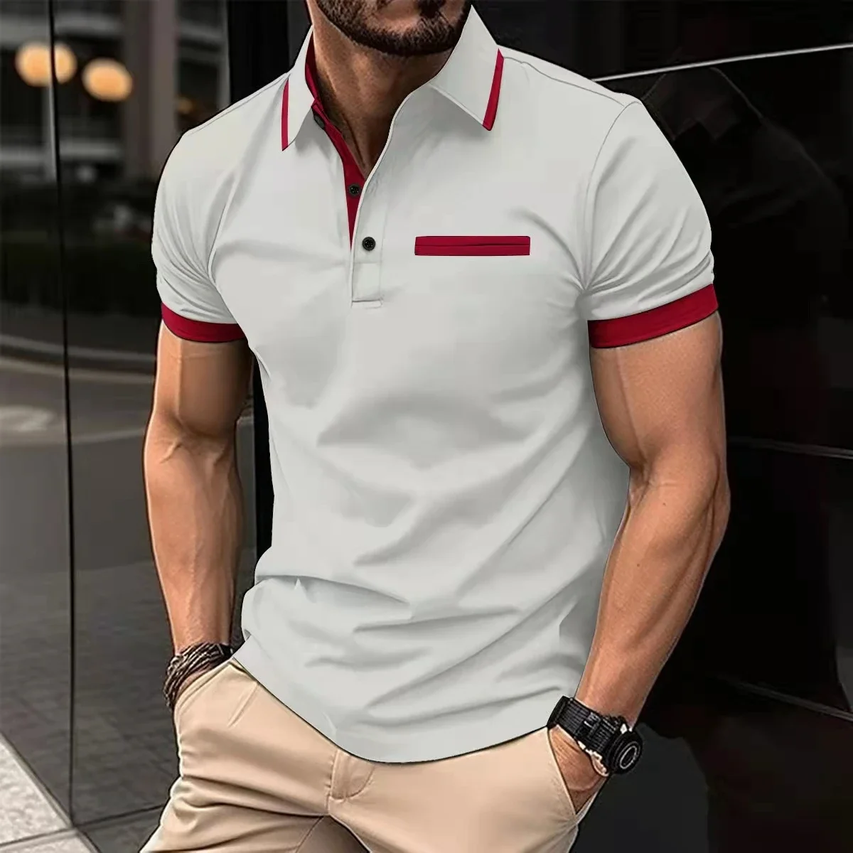 Summer men\'s short-sleeved polo shirt casual breathable top T-shirt fake pocket design men\'s casual street wear