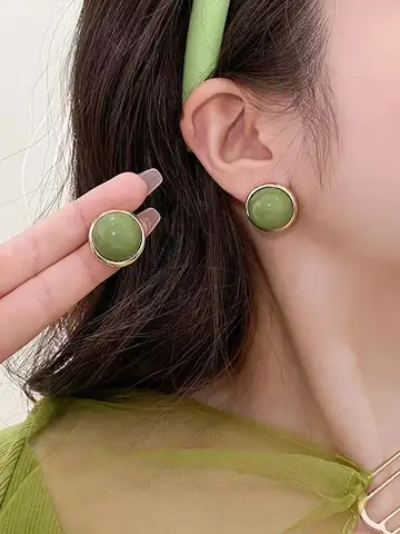 Trendy Green Round Stud Earrings for Women Party Classic Jewelry Golden Color Geometry Beans Shape Earrings Wholesale