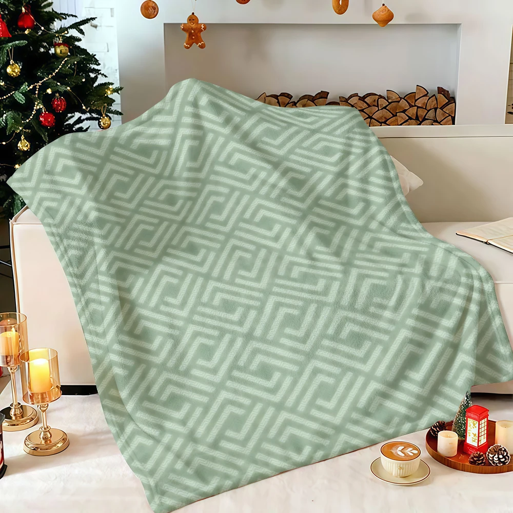 Light Sage Green Geometric Greek Key Flannel Blanket Soft Fuzzy Plush Cozy Throw for Sofa Bed Couch Home Decor
