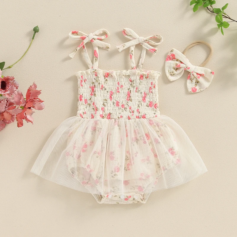 Baby Girl Lace Romper Dress Headband Floral Sleeveless Pleated Jumpsuits Newborns Summer Clothes