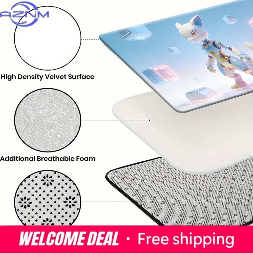 Futuristic Mechanical Mewtwo with Neon Cubes Print Non-slip Doormat, Soft Absorbent Floor Rug for Home Decor