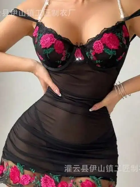 섹시한 레이스 메쉬 투명 꽃 자수 드레스 백리스 딥 V 멜빵 민소매 드레스 우아한 매력적인 순수한 욕망 XNHA