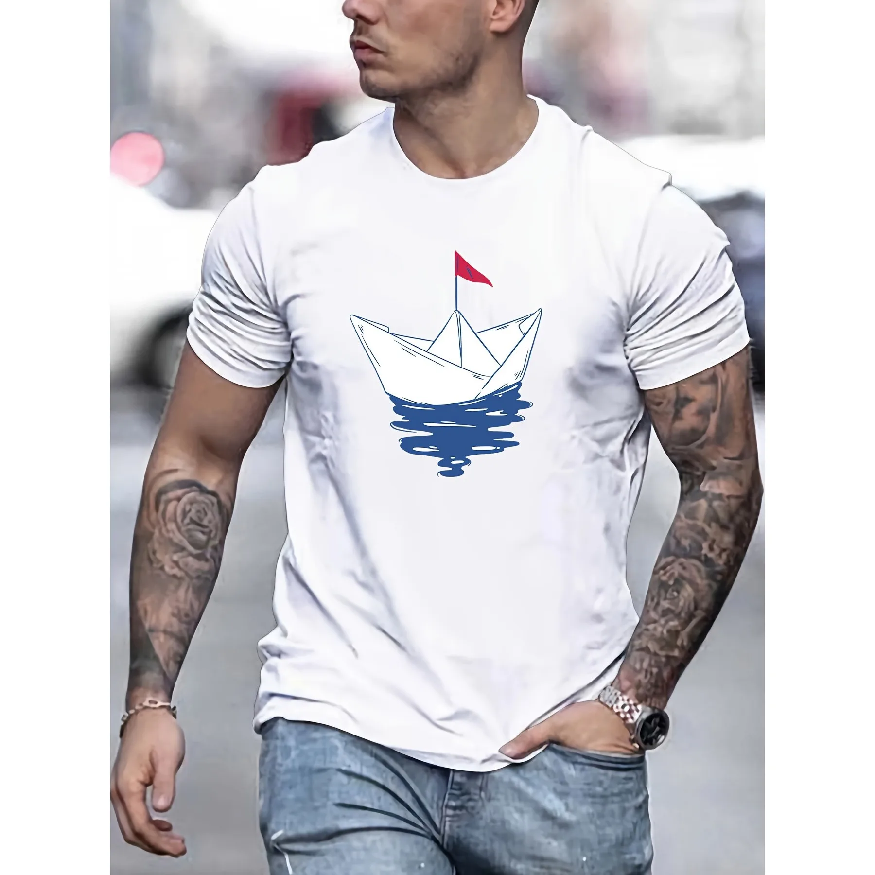 Paper Boat Print Men's Short Sleeve T-Shirt Casual Cotton Tee for All Seasons