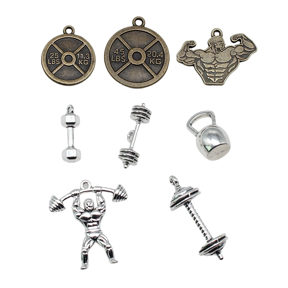 10szt Podnoszenie ciężarów Fitness Sztanga Czajnik Dzwonek Charms Do Tworzenia Biżuterii Sport Charms Wisiorek — zdjęcie 3