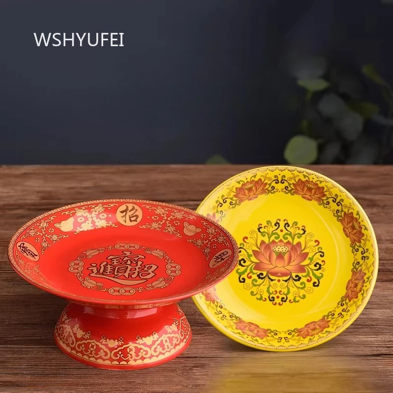 Ceramic Fruit Tray for Offering Buddha Hall Worship Fruit Plate Household God of Wealth Tall Foot Plate Buddhist Supplies