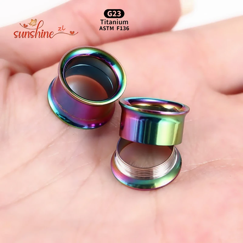 2PCS ASTM F136 G23 Titanium Internally Threaded Screw On Ear Hollow Tunnels Plugs Anodized Expander Gauge Body Piercing Jewelry