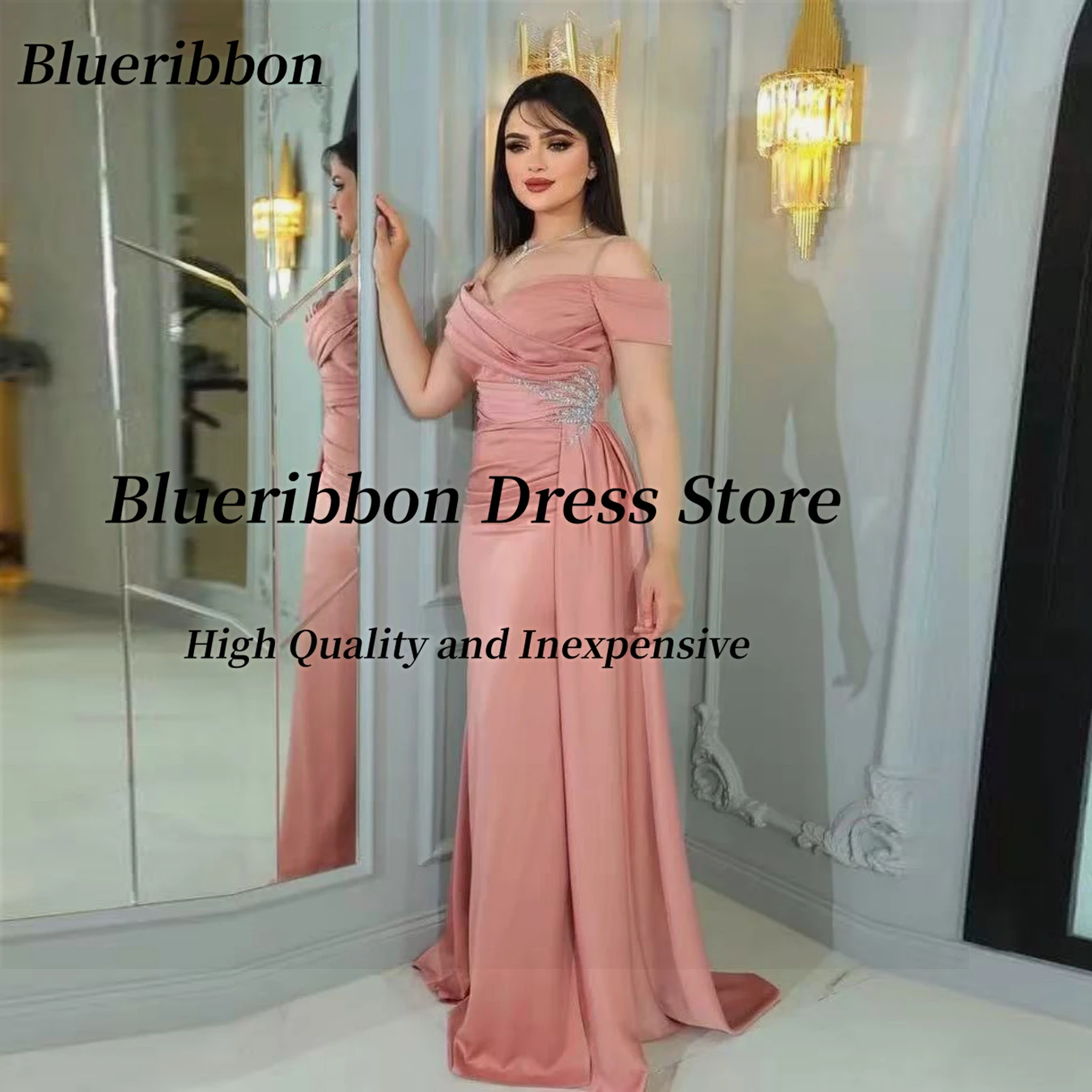 

Blueribbon Длинные платья для выпускного вечера с разрезом по бокам, расшитое бисером, платье подружки невесты для свадьбы, вечернее платье с открытыми плечами и рюшами
