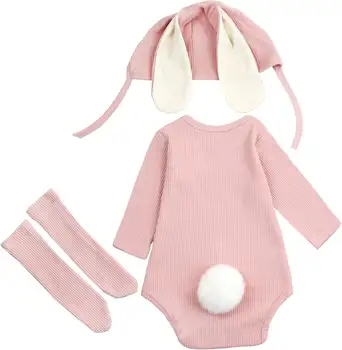 תינוקות יילוד תינוקות בנים בנות פסחא תלבושות צלעות 3D ארנב זנב Romper בגד גוף עם ארנב ארוך כובע אוזן ארנב תלבושת ארנב 6 best sales תלבושת פסח לתינוק - №2