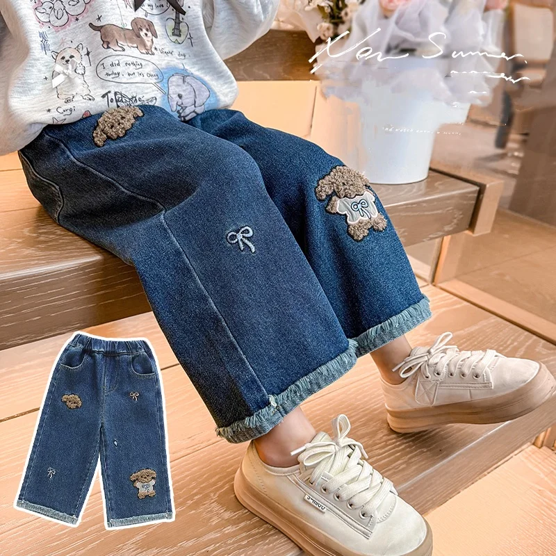

Baby Girl Pants Girl Teddy Dog Embroidery Pants Little Child Autumn Bottom Toddler Casual Fashion Long Pants Trousers Ages 2-9Y