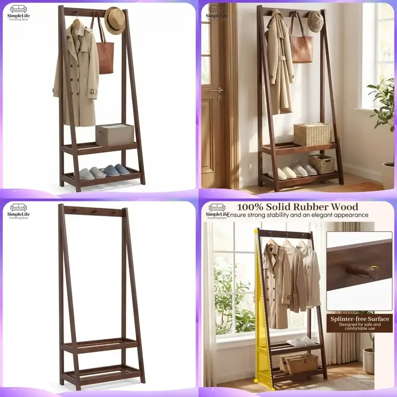 Solid Rubber Wood Coat Rack Stand with 3 Hooks and 2 Shelves Freestanding Clothes Hanger Stable Entryway Hall Tree Organizer