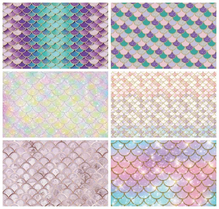 

Laeacco Mermaid Scales Photography Backdrop Glitter Purple Blue Baby Shower Party Decor Girl Birthday Portrait Custom Background