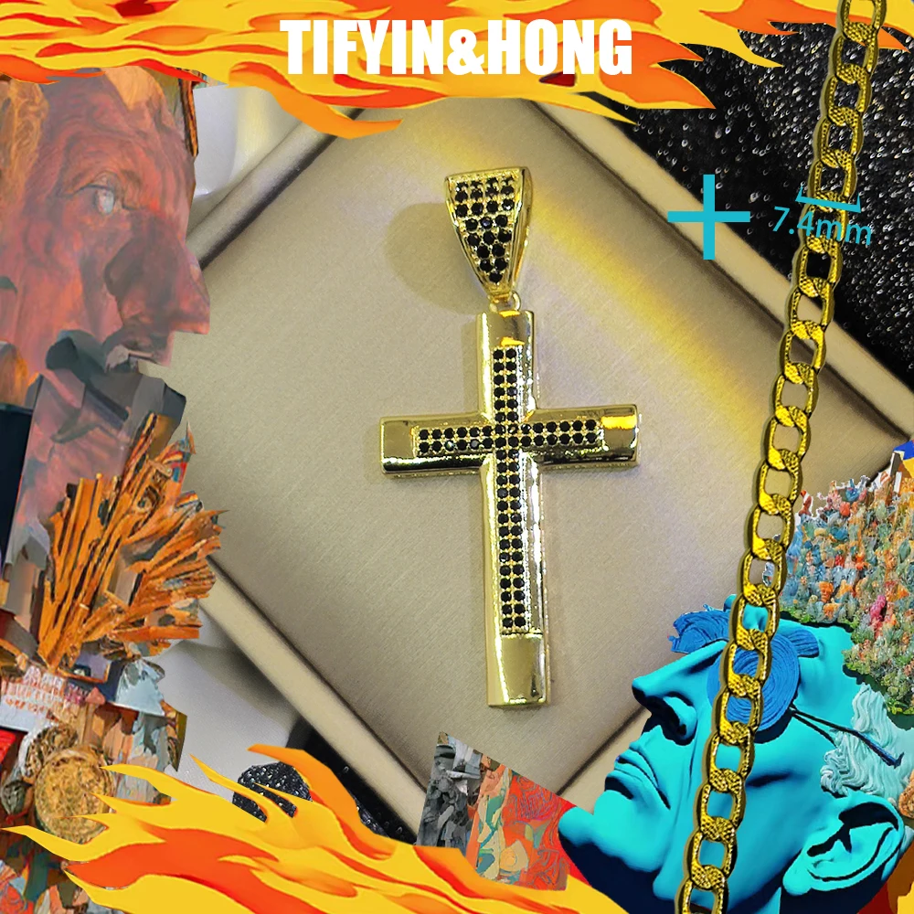 Hot selling 2024 new hip-hop trend Jesus cross color full diamond gold pendant gold necklace, premium version, religious gift