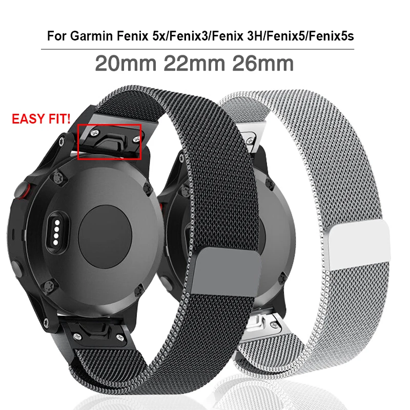 สายโลหะ26 22 20มม. สำหรับ Garmin Fenix 6S 6X 6 Pro Fenix 5X 5 5 5S สายรัดแม่เหล็ก3HR ปล่อยเร็วสร้อยข้อมือสแตนเลส