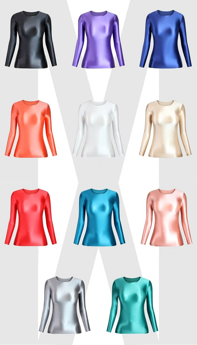 Women Sexy Sparkly Spandex Long Sleeve Leotard Swimsuit Tight-fitting Silky  Glossy Silky Bottoming Tops Bodysuit