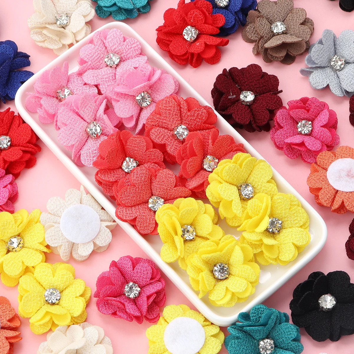 10Pcs/Lot 3.5cm Burlap Fabric Flowers Rhinestone Centered Artificial Flower For DIY Crafts Clothing Accessories Wedding Decor