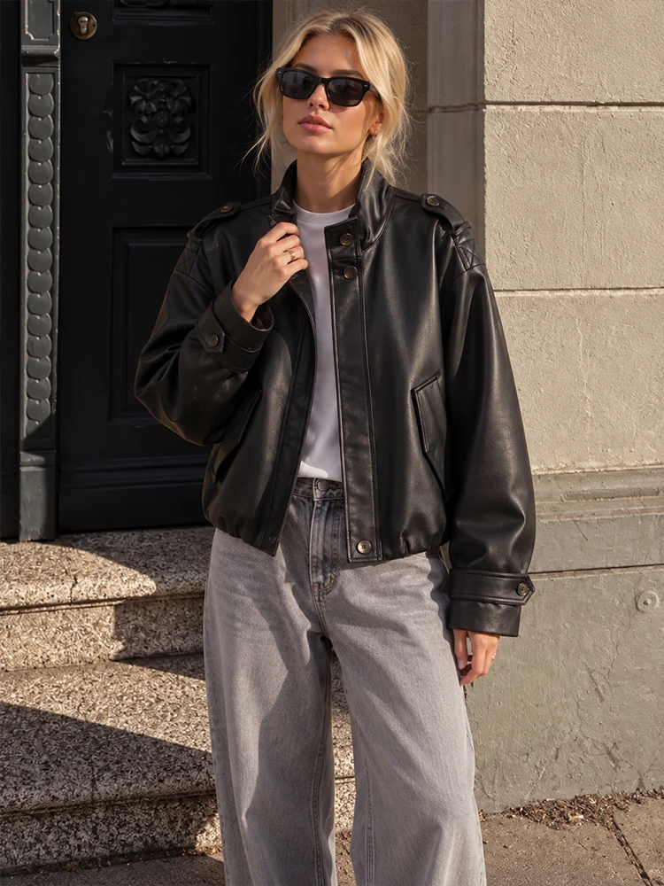 HH Women PU Leather Jacket Fall Winter Oversized Stand Collar Coat Button Detail Utility Pockets Trendy Casual Streetwear Outerw