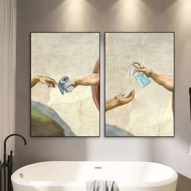 1pc frameless Canvas Painting Retro Hand of God and Adam Funny Toilet Paper Picture Canvas Painting Poster for Wash Room Bathroo