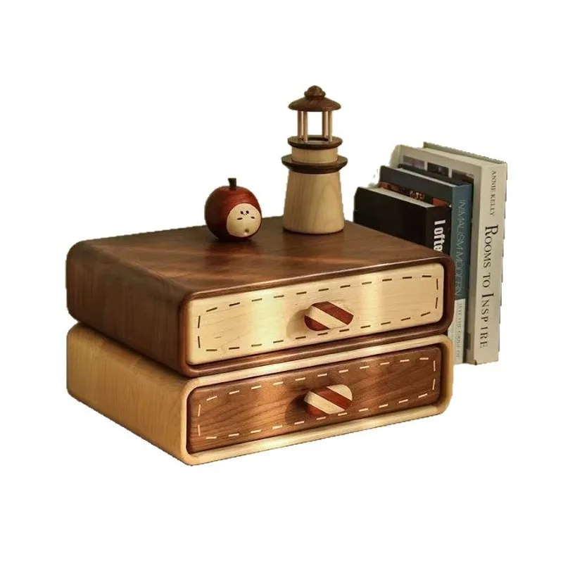 

Tabletop double solid wood entrance drawer storage box for home ring jewelry walnut color