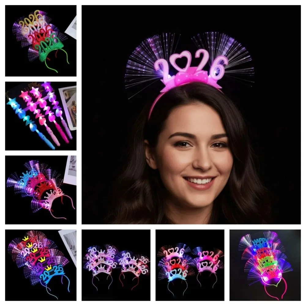 

LED Glow 2026 Happy New Year Headband Number Letter Photographic Headwear 2026 Glow Sticks Optic Fiber Light Up Colorful
