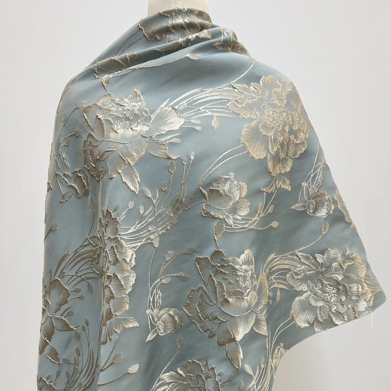 Pre-Cut Light Blue Floral Metallic Jacquard Fabric, Designer 3D Embossed Vintage Brocade For Dress, Skirt & Upholstery