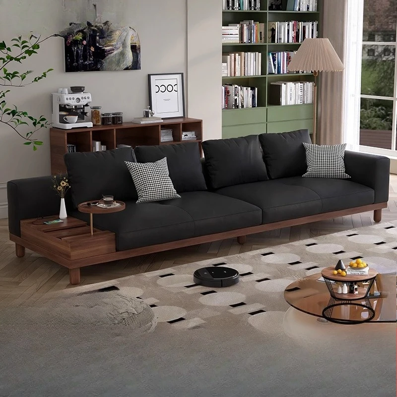 

Retro style leather sofa living room simple modern villa large flat straight row solid wood sofa